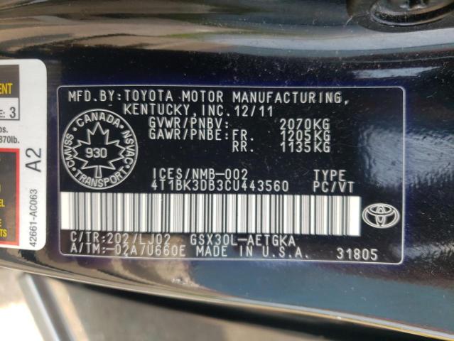 4T1BK3DB3CU443560 - 2012 TOYOTA AVALON BASE 黑色 照片 12