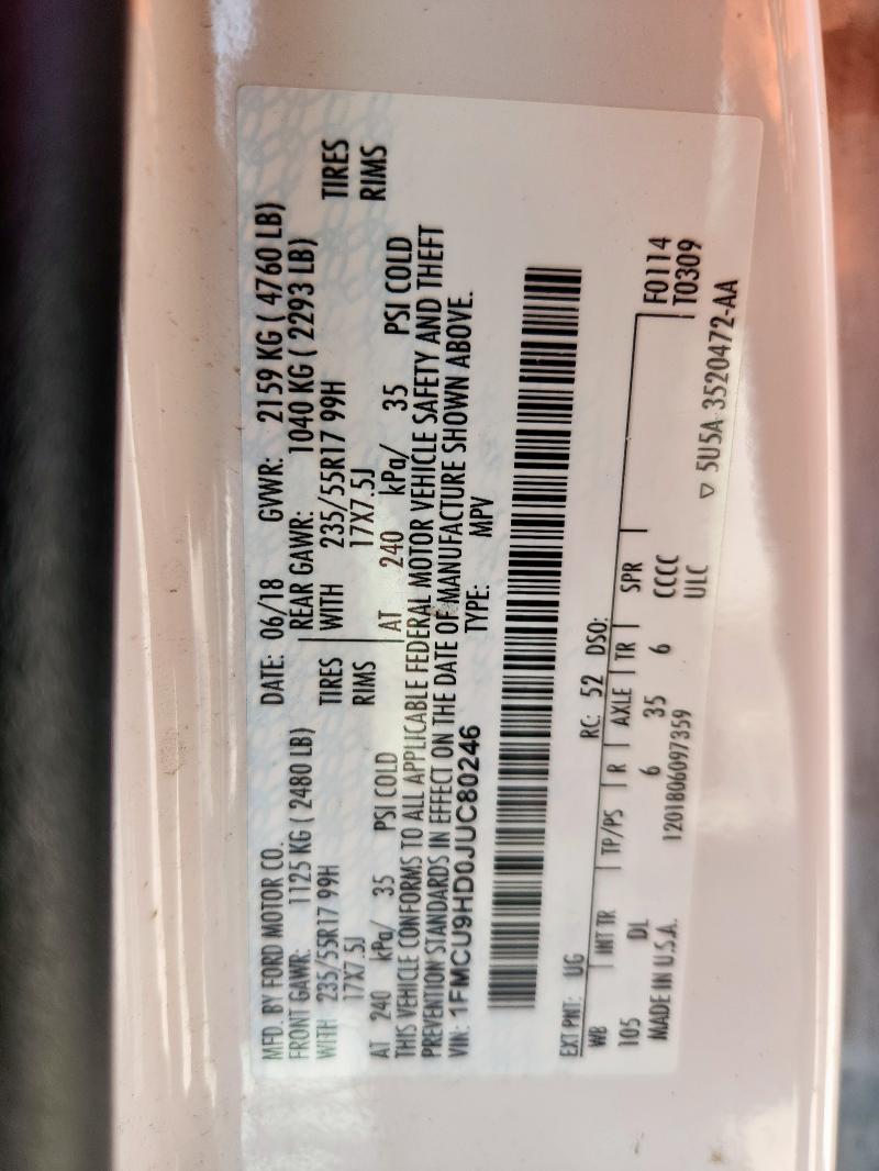 1FMCU9HD0JUC80246 - 2018 FORD ESCAPE SEL Weiß Foto 13