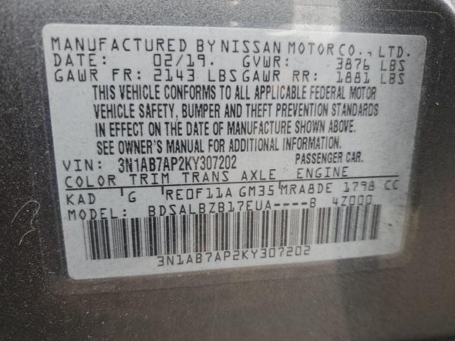 3N1AB7AP2KY307202 - 2019 NISSAN SENTRA S Сұр фото 12