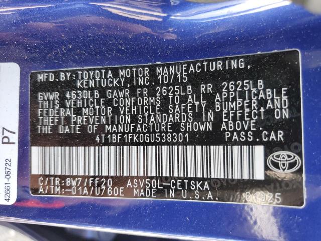 4T1BF1FK0GU538301 - 2016 TOYOTA UK LE BLUE photo 12