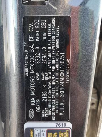 3KPF24AD0KE136751 - 2019 KIA FORTE FE Графитовый фото 12