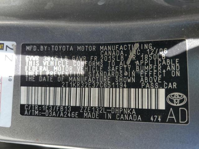 2T1KR32E37C651194 - 2007 TOYOTA COROLLA MA XR GRAY photo 12