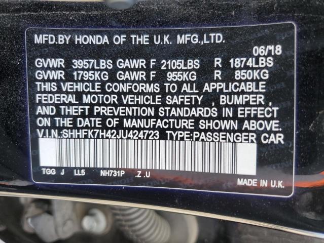SHHFK7H42JU424723 - 2018 HONDA CIVIC SPORT 黑色 照片 12