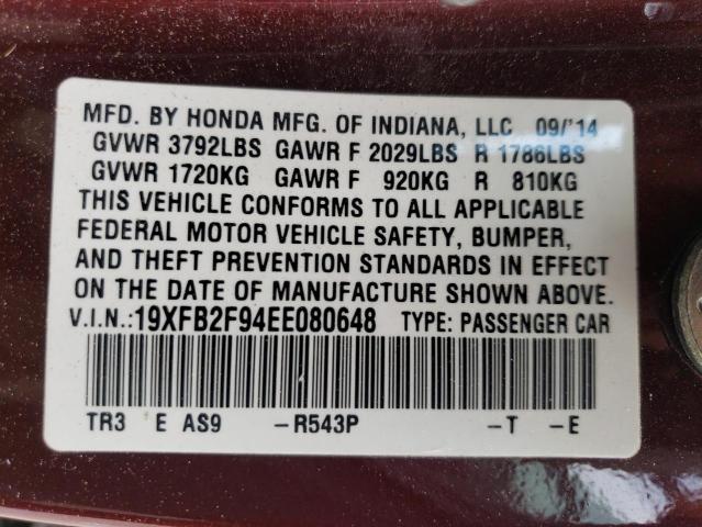 19XFB2F94EE080648 - 2014 HONDA CIVIC EXL ბურგუნდია ფოტო 13