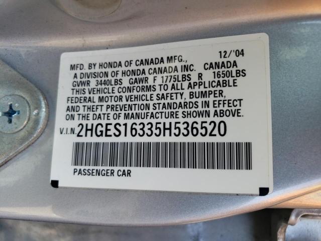2HGES16335H536520 - 2005 HONDA CIVIC DX VP Gümüş foto 12