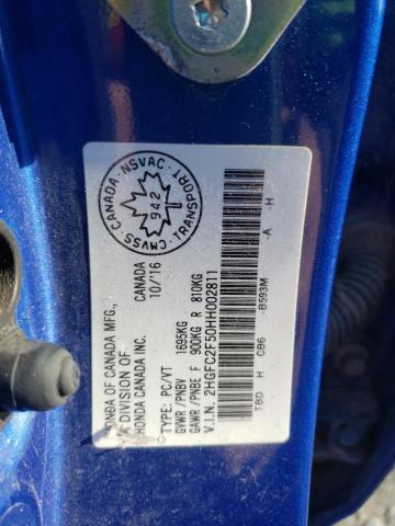 2HGFC2F50HH002811 - 2017 HONDA CIVIC LX BLUE photo 10