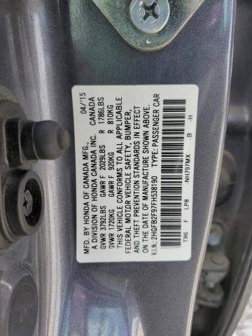2HGFB2F97FH538190 - 2015 HONDA CIVIC EXL ნაცრისფერი ფოტო 12