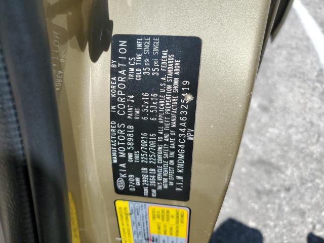 KNDMG4C34A6325419 - 2010 KIA SEDONA LX GOLD photo 13