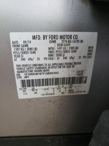 1FM5K8F87FGB00393 - 2015 FORD EXPLORER LIMITED SILVER photo 12