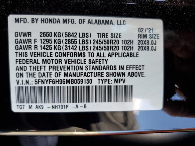 5FNYF6H96MB059150 - 2021 HONDA PILOT TOURING BLACK photo 13