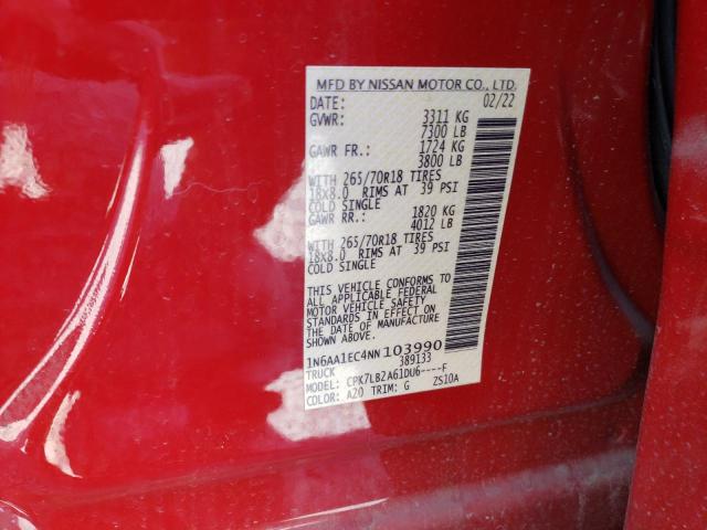 1N6AA1EC4NN103990 - 2022 NISSAN TITAN S RED photo 12