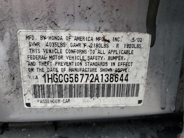 1HGCG56772A138644 - 2002 HONDA ACCORD SE SILVER photo 10