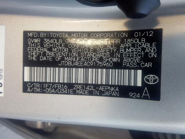 JTDBU4EE4C9175960 - 2012 TOYOTA COROLLA BASE  照片 10