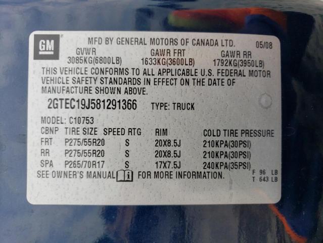 2GTEC19J581291366 - 2008 GMC SIERRA C1500 BLUE photo 12