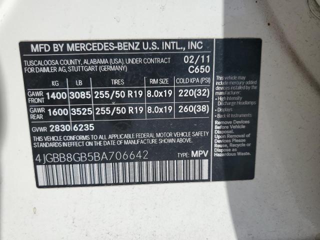 4JGBB8GB5BA706642 - 2011 MERCEDES-BENZ ML 350 4MATIC WHITE photo 13