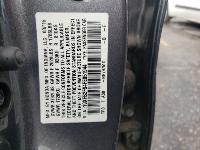 19XFB2F94FE051944 - 2015 HONDA CIVIC EXL GRAY photo 12