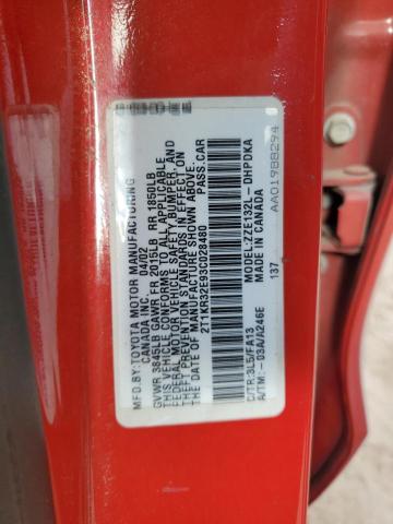2T1KR32E93C028480 - 2003 TOYOTA COROLLA MA XR RED photo 12