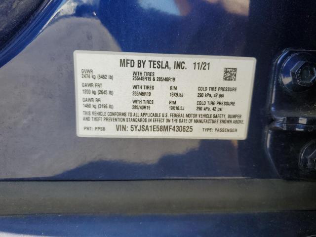 5YJSA1E58MF430625 - 2021 TESLA MODEL S ლურჯი ფოტო 13