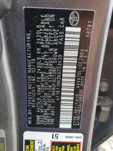4T1B11HK2KU753439 - 2019 TOYOTA CAMRY L GRAY photo 13
