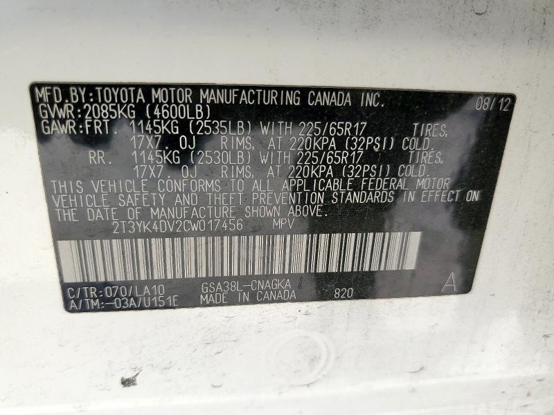 2T3YK4DV2CW017456 - 2012 TOYOTA RAV4 LIMITED WHITE photo 14