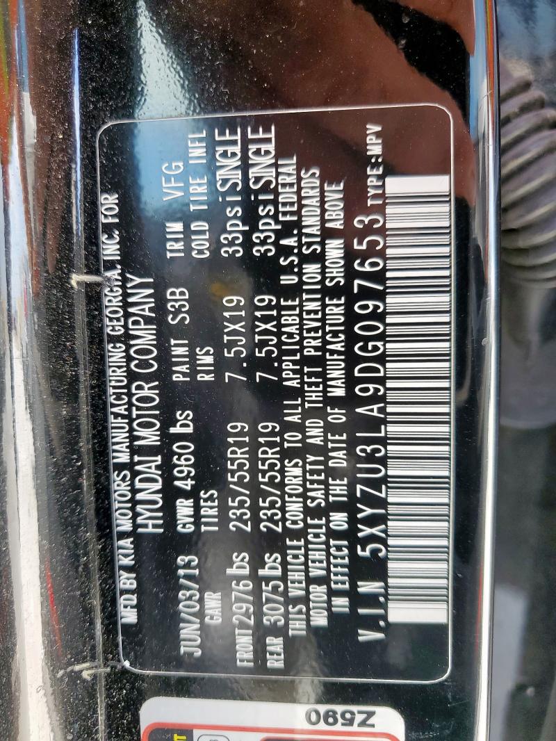 5XYZU3LA9DG097653 - 2013 HYUNDAI SANTA FE S BLACK photo 13