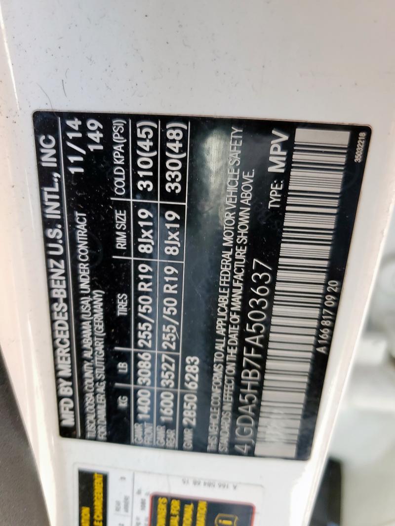 4JGDA5HB7FA503637 - 2015 MERCEDES-BENZ ML 350 4MATIC WHITE photo 12