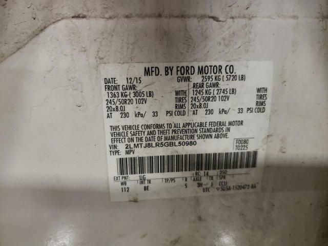 2LMTJ8LR5GBL50980 - 2016 LINCOLN MKX RESERVE თეთრი ფოტო 13