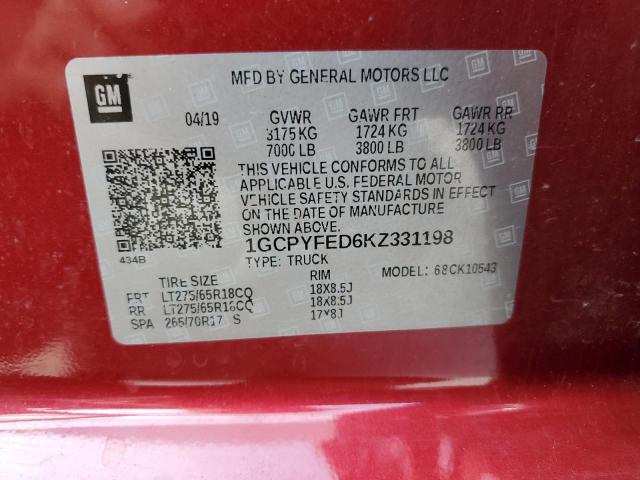 1GCPYFED6KZ331198 - 2019 CHEVROLET SILVERADO K1500 LT TRAIL BOSS RED photo 12