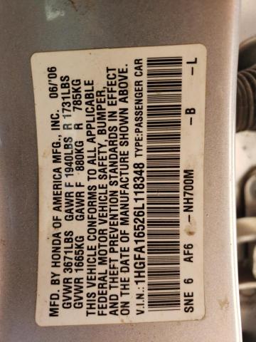 1HGFA16526L118348 - 2006 HONDA CIVIC LX SILVER photo 12