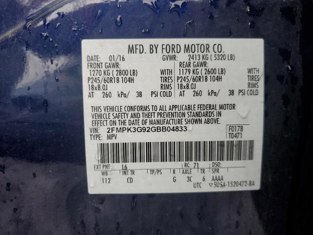 2FMPK3G92GBB04833 - 2016 FORD EDGE SE BLUE photo 12