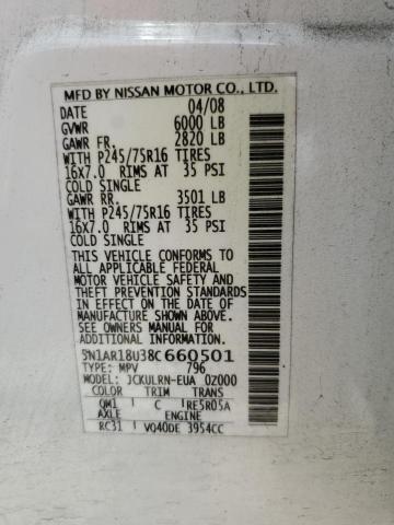5N1AR18U38C660501 - 2008 NISSAN PATHFINDER S WHITE photo 13
