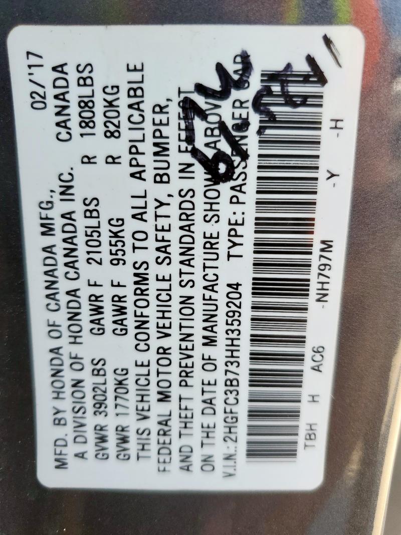 2HGFC3B73HH359204 - 2017 HONDA CIVIC EXL GRAY photo 12