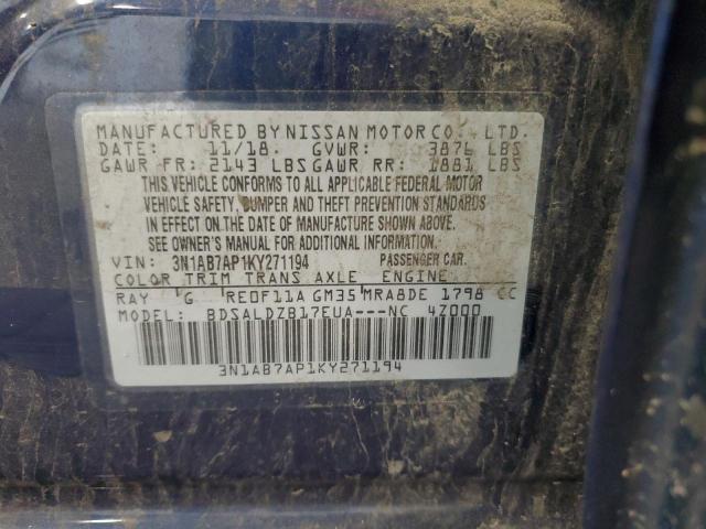 3N1AB7AP1KY271194 - 2019 NISSAN SENTRA S ლურჯი ფოტო 13