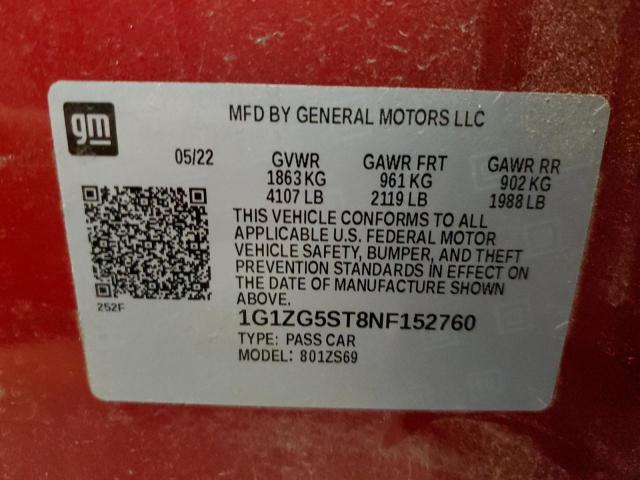 1G1ZG5ST8NF152760 - 2022 CHEVROLET MALIBU RS RED photo 12