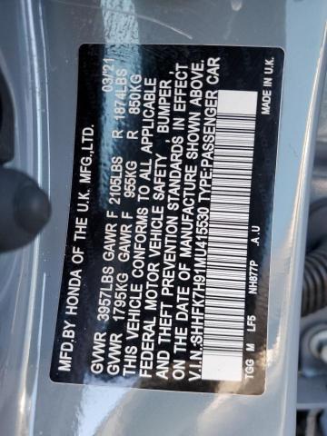 SHHFK7H91MU415530 - 2021 HONDA CIVIC SPORT TOURING GRAY photo 12