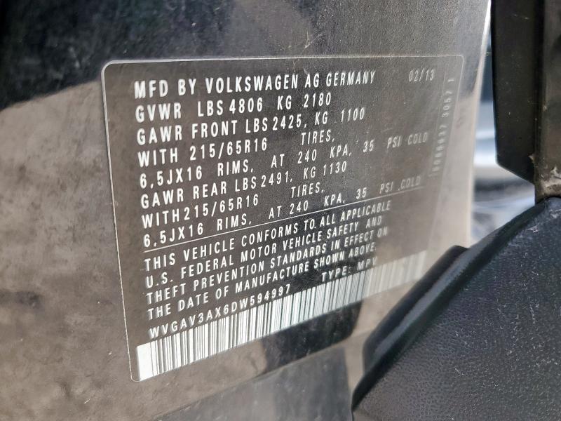 WVGAV3AX6DW594997 - 2013 VOLKSWAGEN TIGUAN S BLACK photo 13