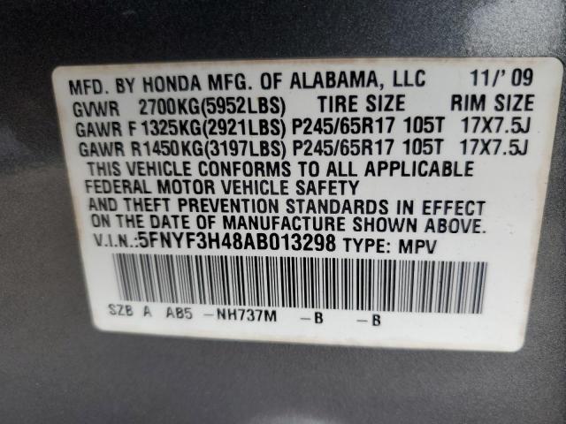 5FNYF3H48AB013298 - 2010 HONDA PILOT EX GRAY photo 13