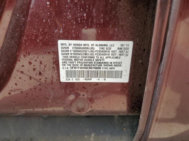 5FNYF4H56CB016606 - 2012 HONDA PILOT EXL BURGUNDY photo 14