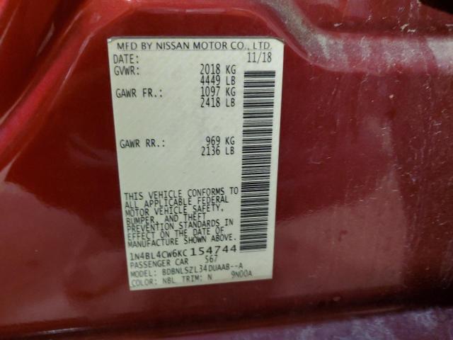 1N4BL4CW6KC154744 - 2019 NISSAN ALTIMA SR MAROON photo 12