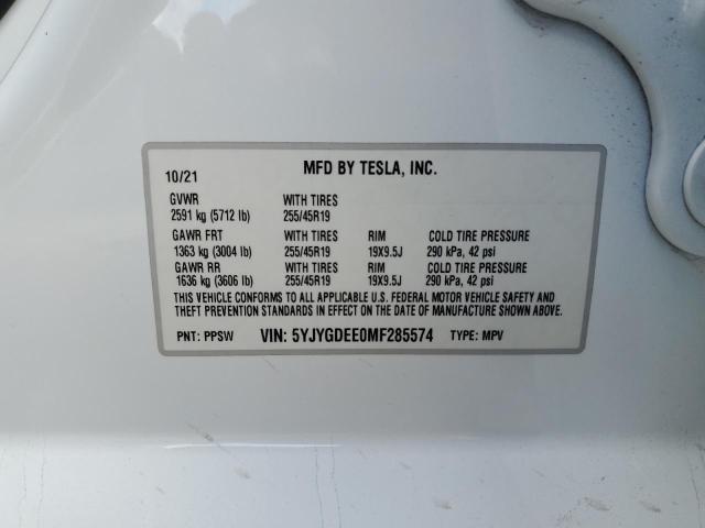 5YJYGDEE0MF285574 - 2021 TESLA MODEL Y თეთრი ფოტო 13