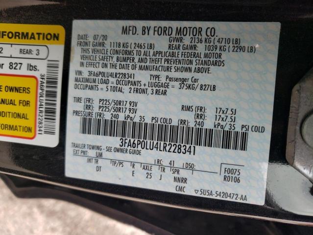 3FA6P0LU4LR228341 - 2020 FORD FUSION SE BLACK photo 12