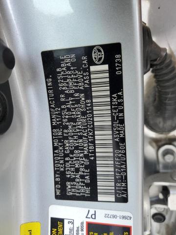 4T1BF1FK7CU201148 - 2012 TOYOTA CAMRY BASE SILVER photo 12