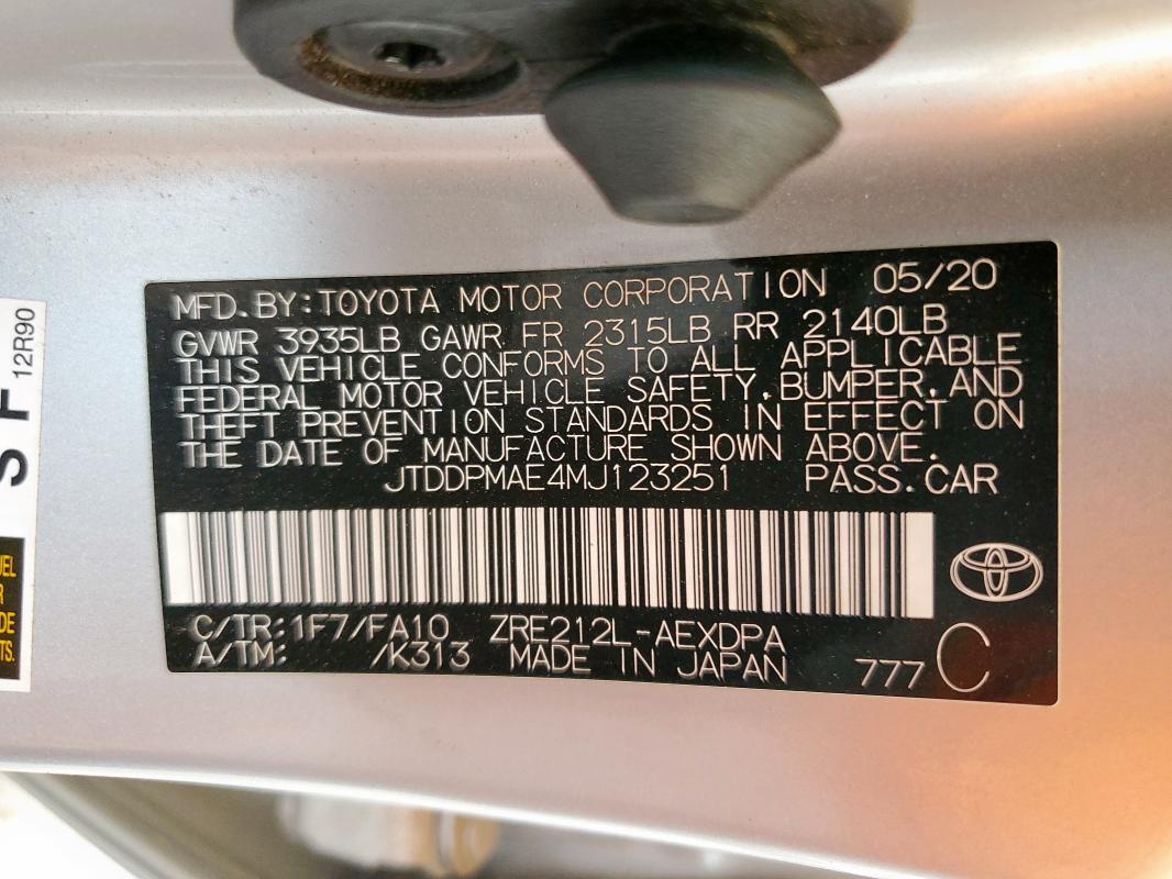 JTDDPMAE4MJ123251 - 2021 TOYOTA COROLLA L SILVER photo 12