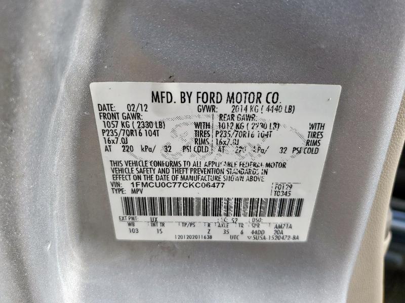1FMCU0C77CKC06477 - 2012 FORD ESCAPE XLS 银色 照片 12