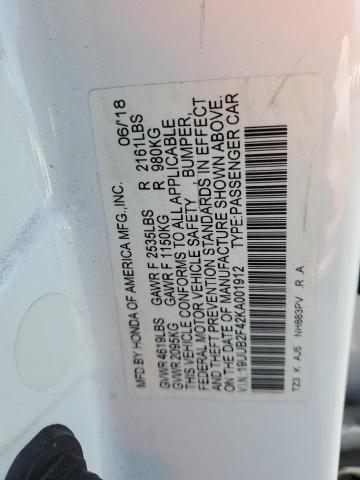 19UUB2F42KA001912 - 2019 ACURA TLX TECHNOLOGY 白色 照片 13