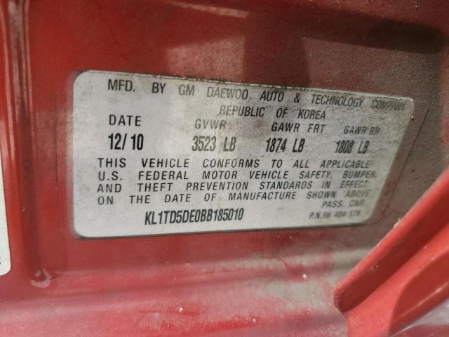 KL1TD5DE0BB185010 - 2011 CHEVROLET AVEO LS 红色 照片 12