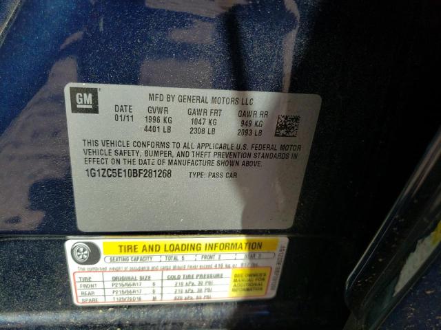 1G1ZC5E10BF281268 - 2011 CHEVROLET MALIBU 1LT 蓝色 照片 12