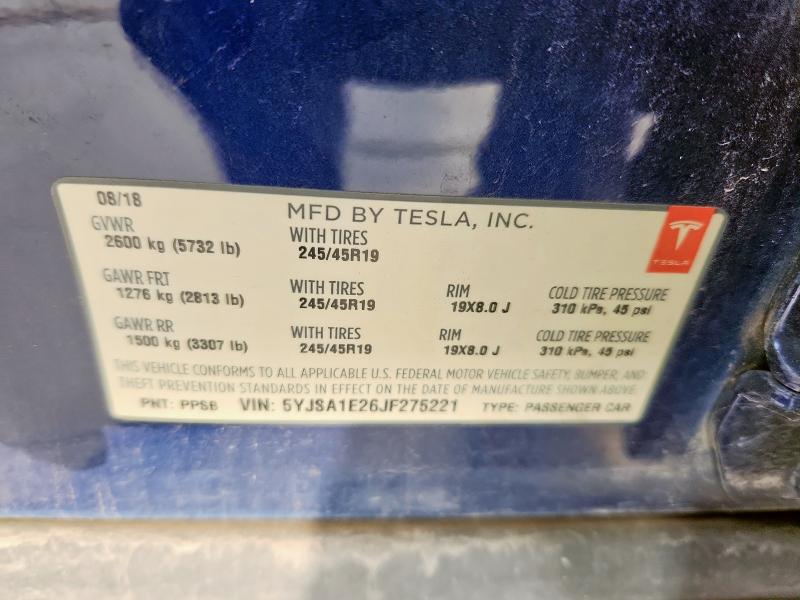 5YJSA1E26JF275221 - 2018 TESLA MODEL S 蓝色 照片 12