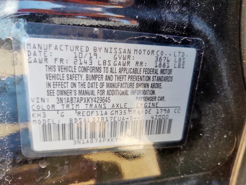 3N1AB7APXKY429645 - 2019 NISSAN SENTRA S BLACK photo 12