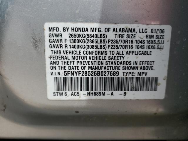 5FNYF28526B027689 - 2006 HONDA PILOT EX SILVER photo 12